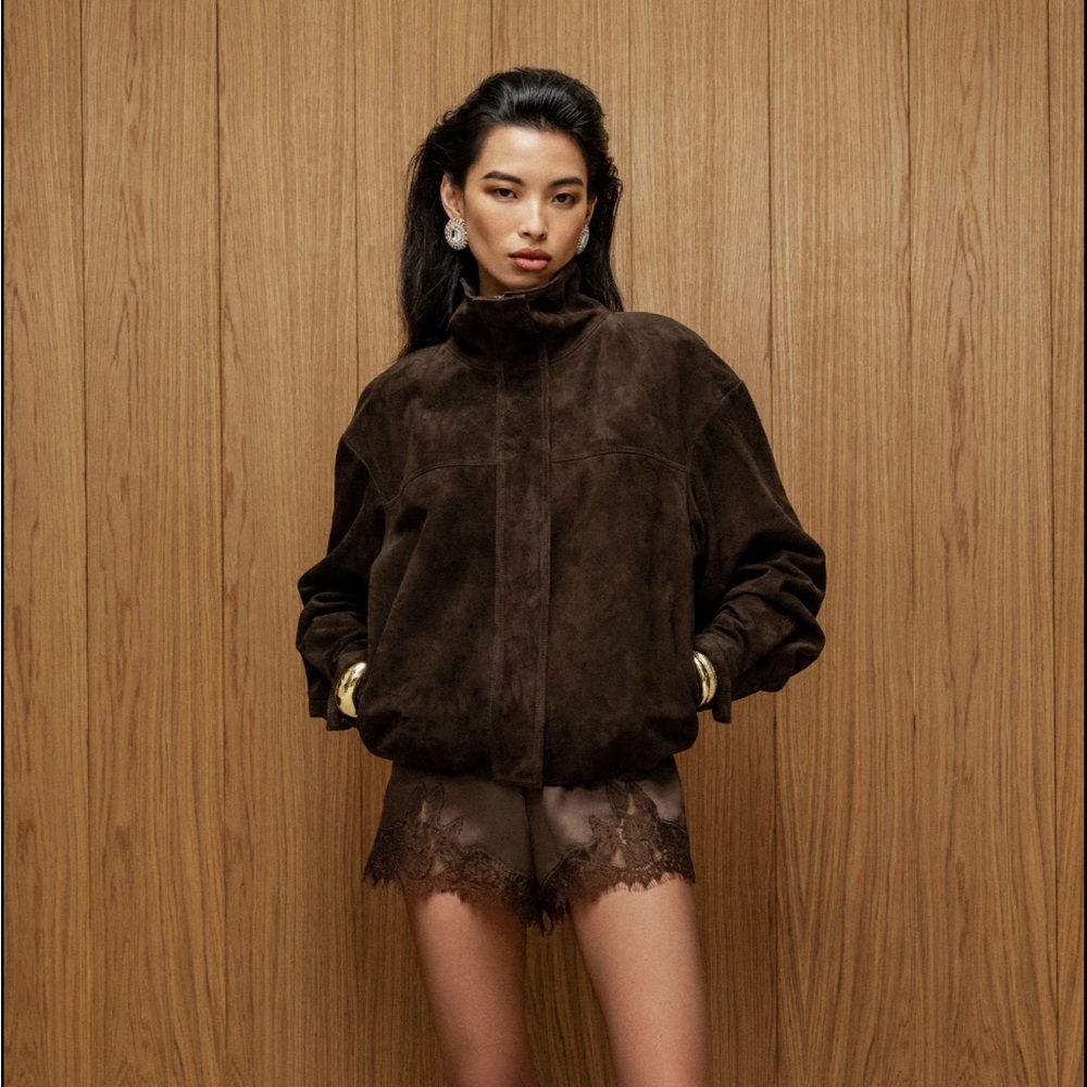 Reformation brown satin lace shorts